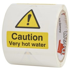 Exel Caution Very Hot Water - 80 x 80mm - Self Adhesive Vinyl Labels - Roll of 250