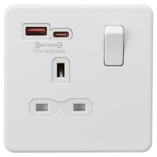Knightsbridge 13A 1 Gang Flat Plate Type A/C USB Socket with 2 x USB - 1.5A - Matt White/White 
