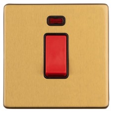 Eurolite Concealed 45A 1 Gang Screwless Flat Plate DP Cooker Switch with Neon - Satin Brass/Black