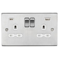 Knightsbridge 13A 2 Gang Square Edge Type A/C USB Socket with 2 x USB - 4A - Brushed Chrome/White