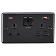 Knightsbridge 13A 2 Gang Round Edge Type A/C 45W USB Socket with 2 x USB - 2.25A - Matt Black/Black