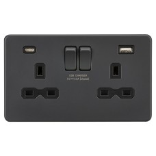 Knightsbridge 13A 2 Gang Screwless Type A/C USB Socket with 2 x USB - 4A - Anthracite/Black