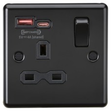 Knightsbridge 13A 1 Gang Round Edge Type A/C 18W USB Socket with 2 x USB - 1.5A - Matt Black/Black 