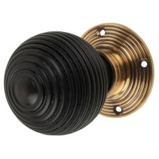 Olde Forge Reeded Beehive Mortice Door Knob - 58mm Rose Diameter - Ebony Knob & Antique Brass Rose