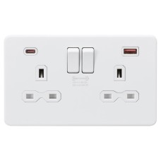 Knightsbridge 13A 2 Gang Type A/QC18W Type C/PD45W USB Socket with 2 x USB - Matt White/White