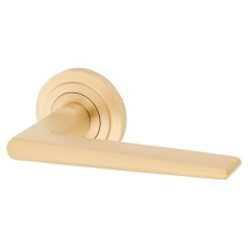Burlington BUR10 Satin Brass Door Handles on Round Stepped Rose - Mayfair Range 