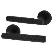 Exel Matt Black Honeycomb Door Handles on Round Rose - Cara Range 