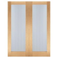 LPD Mexicano Pattern 10 Clear & Frosted Lines Unfinished Internal French Doors - 1981 x 914mm - Oak