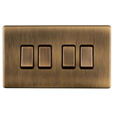 Eurolite Concealed 10A 4 Gang 2 Way Screwless Flat Plate Light Switch - Antique Brass/Black
