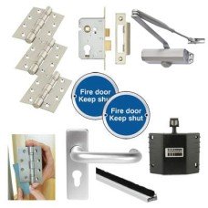 Light Duty Euro Lock Door Handle on Backplate Fire Door Kit - Hold Open - Satin Aluminium