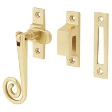 Hampstead Open Curl Mortice & Hook Plate Casement Window Fastener - Reversible - Polished Brass