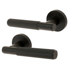 Exel Matt Black Lines Door Handles on Round Rose - Nova Range 