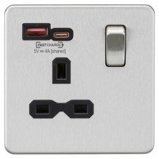 Knightsbridge 13A 1 Gang SP Type A/C Fastcharge USB Socket with 2 x USB - 4A - Brushed Chrome/Black