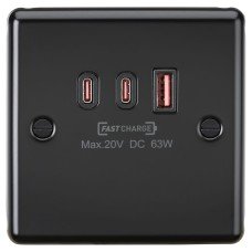Knightsbridge 230V Curved Edge Type A/C USB Charger Plate with 3 x USB - 63W - Matt Black