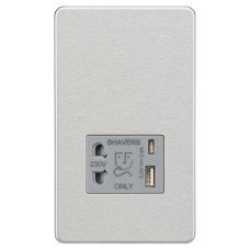 Knightsbridge 230V Shaver Socket with Type A/C USB Ports - 2.4A - Brushed Chrome with Grey Insert