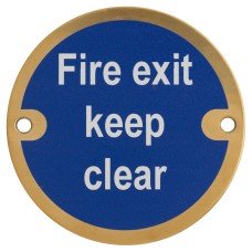 Hampstead Fire Exit Keep Clear Door Sign - 75mm Diameter - Polished Brass
