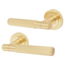 Exel Satin Brass Lines Door Handles on Round Rose - Nova Range 