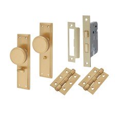 Hampstead Miller Knurled Bathroom Mortice Door Knob on Backplate Kit - 205 x 52mm - Satin Brass 