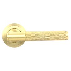 From The Anvil Satin Brass Knurled Door Handles on Round Art Deco Rose - Brompton Range 