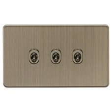 Knightsbridge 10AX 3 Gang 2 Way Screwless Flat Plate Toggle Light Switch - Antique Brass