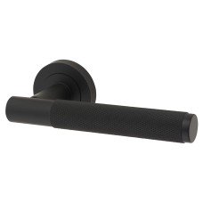 Jedo Matt Black Fire Rated Knurled Door Handles on Round Rose - Bari Range 