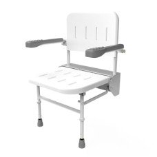Fitzroy of London Folding Wall Mounted Shower Seat With Legs, Back & Arms - 410-610 x 494mm - White