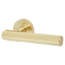 Hampstead Satin Brass Knurled Door Handles on Round Rose - Orla Range 