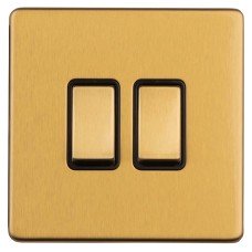 Eurolite Concealed 10A 2 Gang 2 Way Screwless Flat Plate Light Switch - Satin Brass/Black