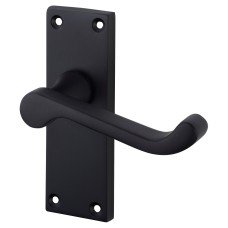 Matt Black Victorian Scroll Latch Door Handle - Short Plate - 117 x 40mm