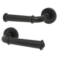 Jedo Matt Black Fire Rated Door Handles on Round Rose - Classic Range 