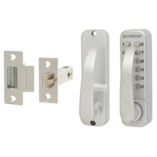 Securefast Easy Code Change Push Button Code Lock and Latch with Lever - Satin Chrome Securefast Easy Code Change Push Button Code Lock and Latch with Lever - Satin Chrome