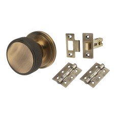 Hampstead Riley Knurled Mortice Door Knob Kit  - 62mm Rose Diameter - Antique Brass