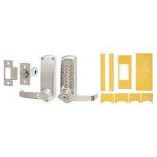 Codelocks CL615 Push Button Code Lock and Latch with Intumescent - Key Override - Brushed Steel