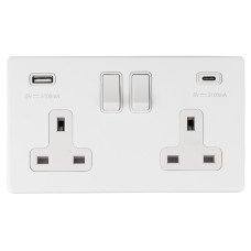 Eurolite Concealed 13A 2 Gang Screwless Type A/C USB Socket with 2 x USB - 3.1A - Matt White/White