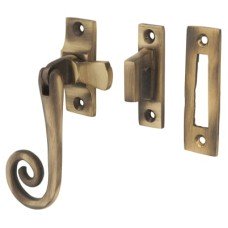 Exel Cast Open Curl Mortice & Hook Plate Casement Window Fastener - Reversible - Antique Brass