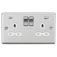Knightsbridge 13A 2 Gang Round Edge Type A/C USB Socket with 2 x USB - 4A - Brushed Chrome/White