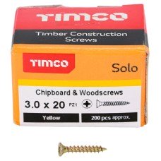 TIMCO Solo Chippy Pozi Countersunk Wood Screws - 3.0 x 20mm - Yellow Zinc - Pack of 200