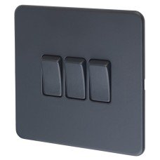 Knightsbridge 10AX 3 Gang Screwless Flat Plate Light Switch - Anthracite Grey 