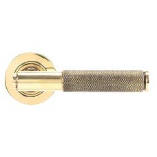 From The Anvil Aged Brass Knurled Door Handles on Round Rose - Brompton Range 
