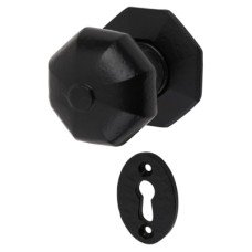 Olde Forge Octagonal Mortice/Rim Door Knob with Escutcheon - 59mm Rose Diameter - Antique Black Iron