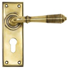 From The Anvil Aged Brass Reeded Euro Lock Door Handle - 152 x 50mm