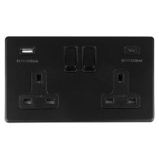 Eurolite Concealed 13A 2 Gang Screwless Type A/C USB Socket with 2 x USB - 3.1A - Matt Black/Black