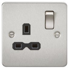 Knightsbridge 13A 1 Gang Flat Plate Double Pole Switched Socket - Brushed Chrome with Black Insert
