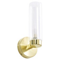 Forum Spa Sparti LED Bathroom Wall Light - IP44 - Satin Brass with Clear Cylindrical Glass Shade