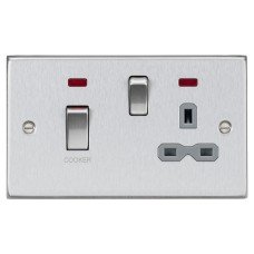 Knightsbridge 45A Square Edge DP Cooker Switch & 13A Socket & Neons - Brushed Chrome & Grey Insert