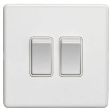 Eurolite Concealed 10A 2 Gang 2 Way Screwless Flat Plate Light Switch - Matt White