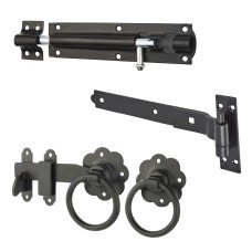 Medium Duty Cranked Hook & Band Gate Hinge Kit with Ring Gate Latch - 300mm - Black Medium Duty Cranked Hook & Band Gate Hinge Kit with Ring Gate Latch - 300mm - Black