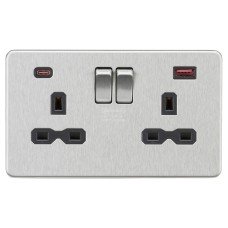Knightsbridge 13A 2 Gang Type A/C 45W Fastcharge USB Socket with 2 x USB - Brushed Chrome/Black