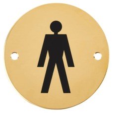 Hampstead Mens Toilet Door Sign - 75mm Diameter - Polished Brass