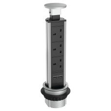 Sensio SensioPod E Slimline 3 Gang Pop-Up Socket with 2 x USB Ports - Aluminium
